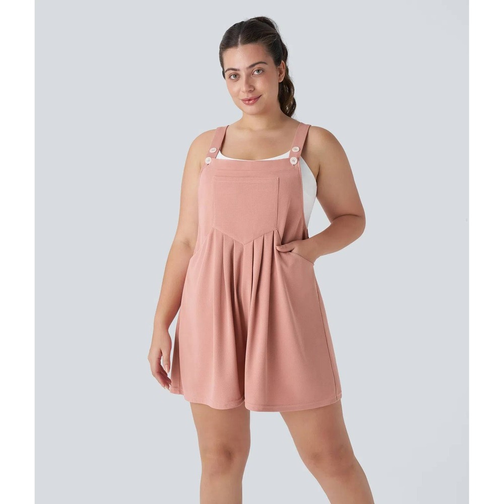 Halara Pockets Waffle Casual Short Overalls 3x Pink Pleated Pinafore Gorpcore